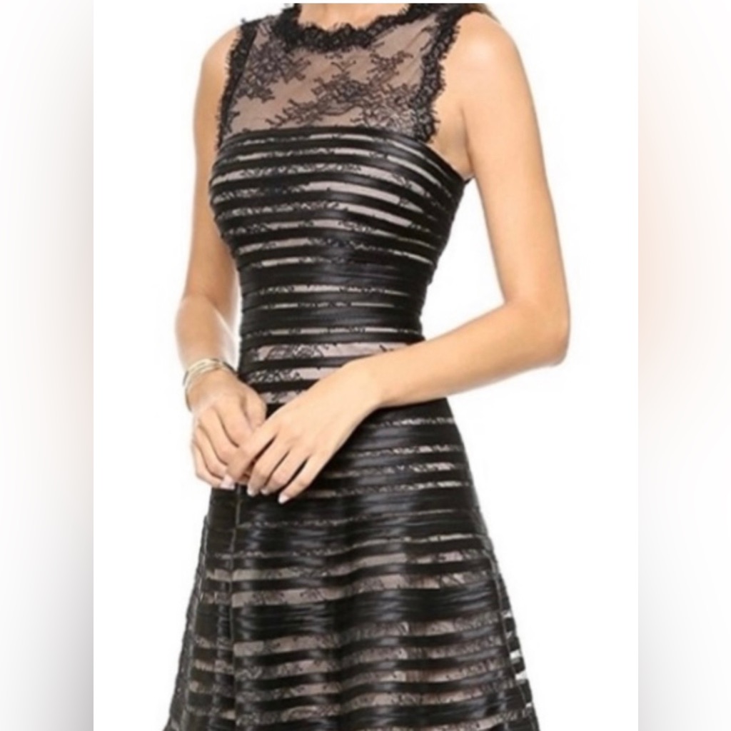 Bcbgmaxazria Sleeveless Mini Dress Jaqueline Black Satin-Striped Lace Size 0